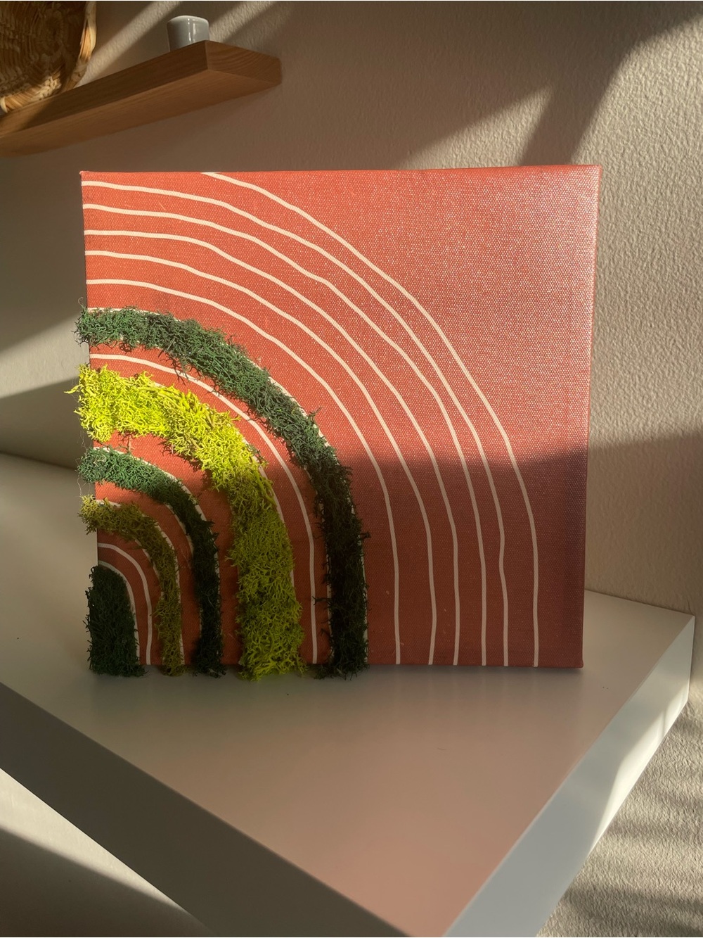 Handmade Terracotta Rainbow Canvas with Green Moss Accent